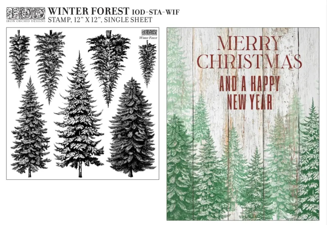 Image showcasing the IOD Winter Forest Stamp used on a rustic wooden background with a 'Merry Christmas and a Happy New Year' message, displaying the stamp's ability to create festive, vintage-style decor.