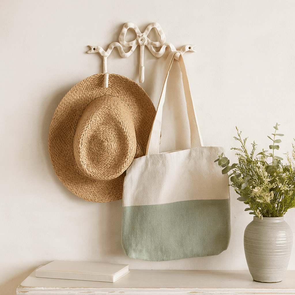 White Bow Wall Hook holding a straw hat and a tote bag, adding vintage elegance to home decor.