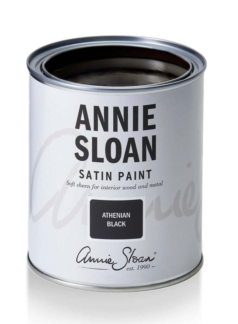 Athenian Black - Annie Sloan Satin Paint can with soft sheen for interior wood and metal surfaces.