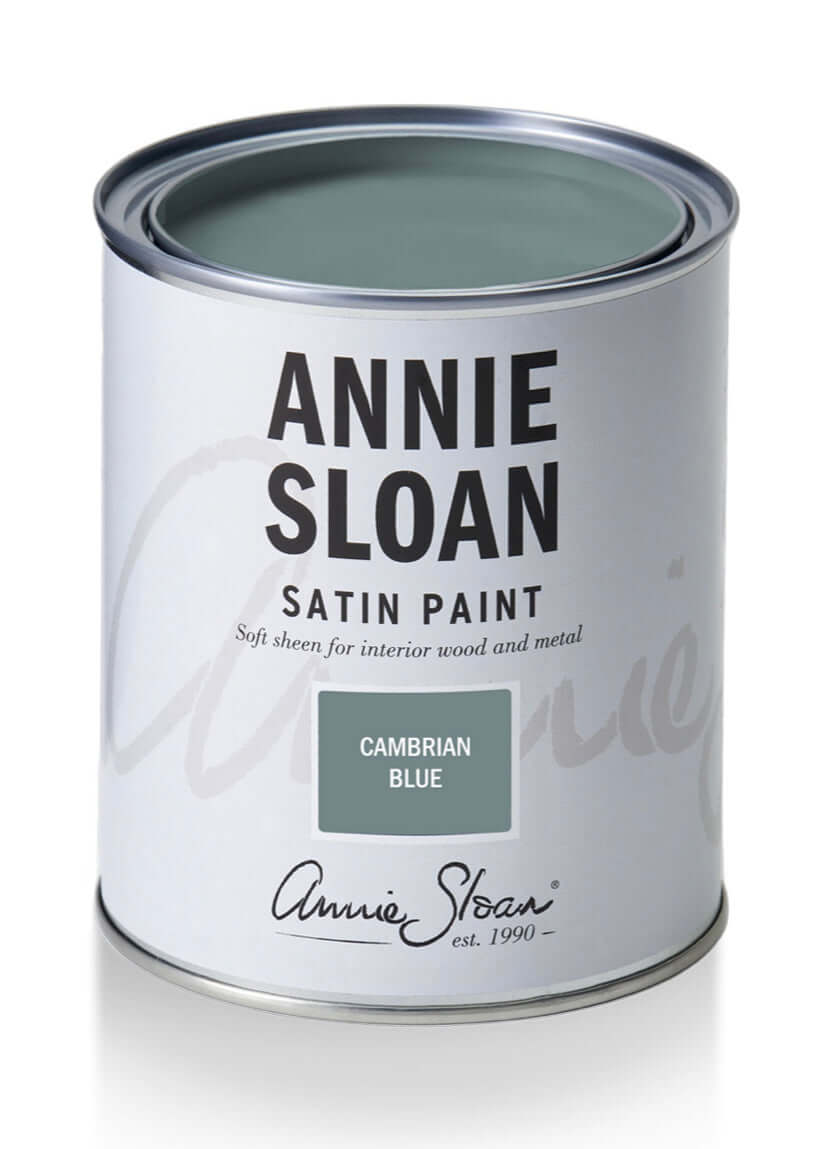 Cambrian Blue - Annie Sloan Satin Paint can showcasing its denim blue color and soft sheen finish.
