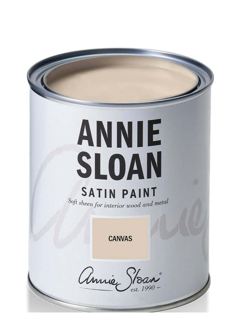 Canvas - Annie Sloan Satin Paint in a can, showcasing its beige-white shade and brand details.