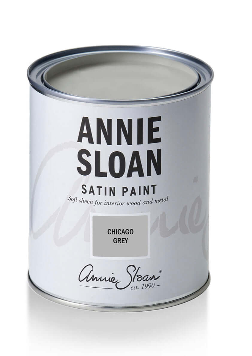 Chicago Grey - Annie Sloan Satin Paint can showcasing the soft sheen for interior wood and metal.