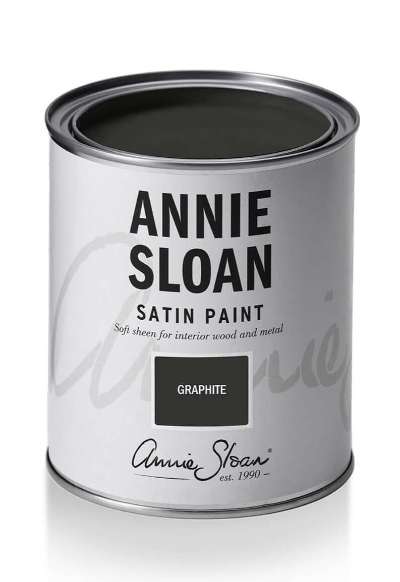 Graphite - Annie Sloan Satin Paint can showcasing the dark grey color for interior wood and metal applications.