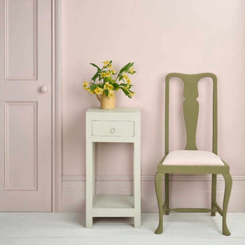 Pointe Silk - Annie Sloan Satin Paint featured on a painted chair and side table with flowers in a soft-toned interior.