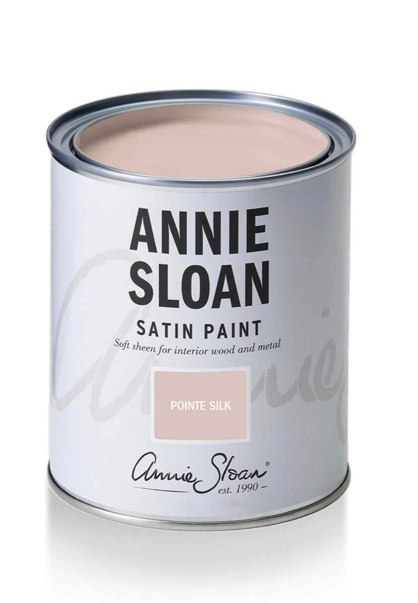 Pointe Silk - Annie Sloan Satin Paint can with soft cool-toned pink color for interior use.