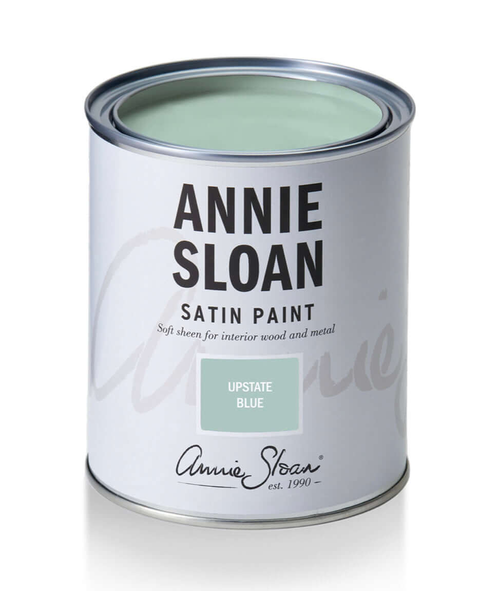 Upstate Blue - Annie Sloan Satin Paint tin showcasing soft sheen for wood and metal interiors.