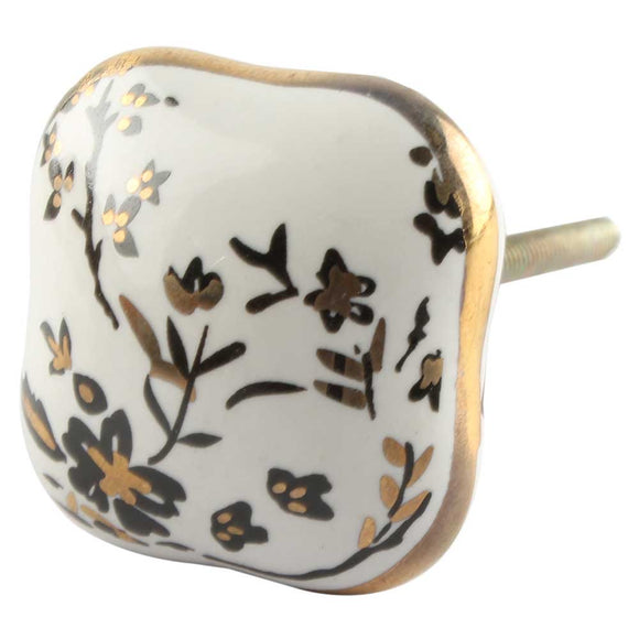 White Black & Gold Floral Ceramic Knob